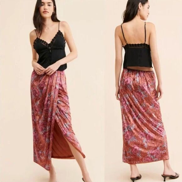 NEW Free People Poets Velvet Sarong Skirt in Rust‎ Combo, S - Picture 1 of 16